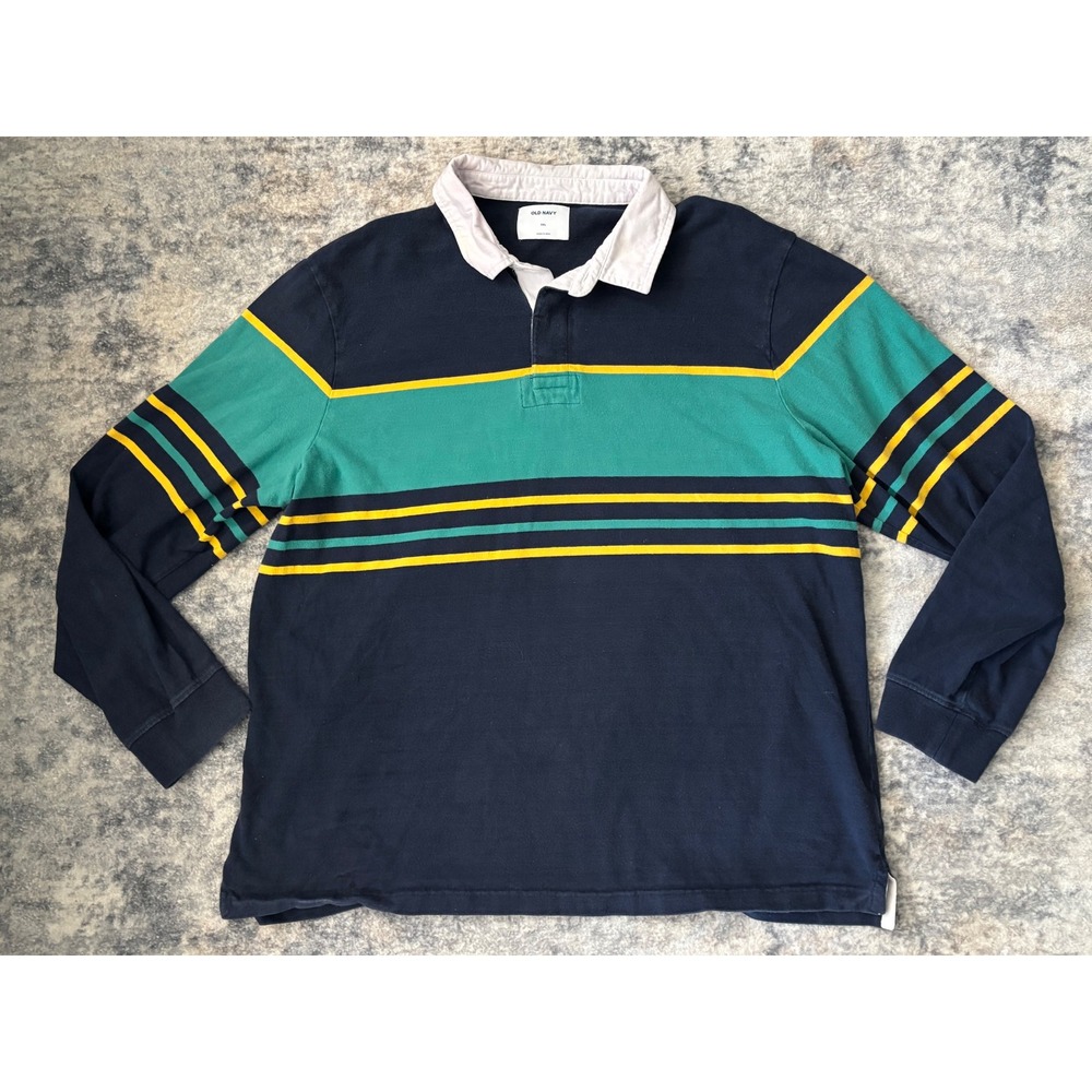 Old Navy Rugby‎ Shirt Long Sleeve Navy Green Yellow Stripes Polo Collar XXL Y2K